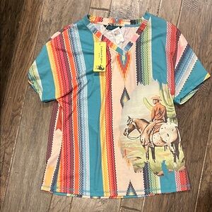 Multicolor Serape-Stripe V-Neck Blouse with Western Horse Print - Women